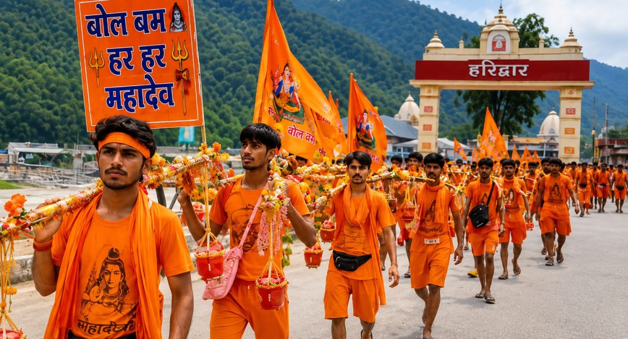 कांवड़ यात्रा 2026 में गंगाजल लेकर जाते शिव भक्त