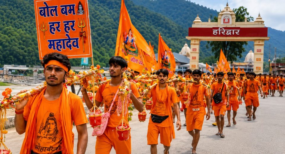 कांवड़ यात्रा 2026 में गंगाजल लेकर जाते शिव भक्त