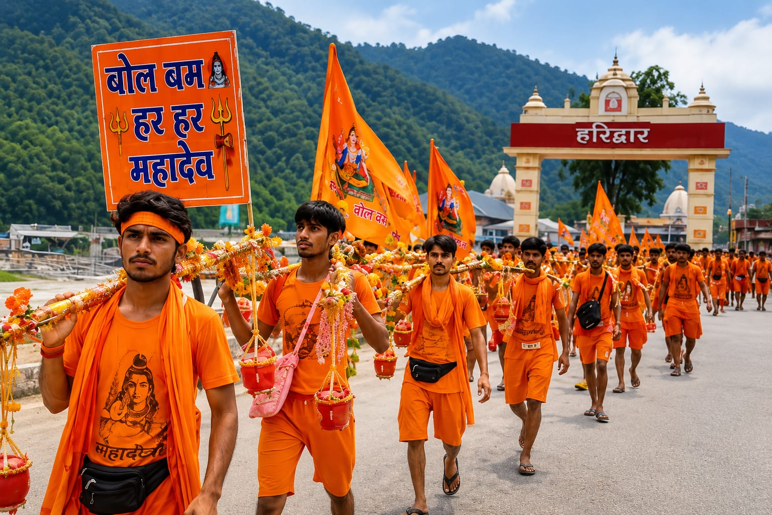 कांवड़ यात्रा 2026 में गंगाजल लेकर जाते शिव भक्त